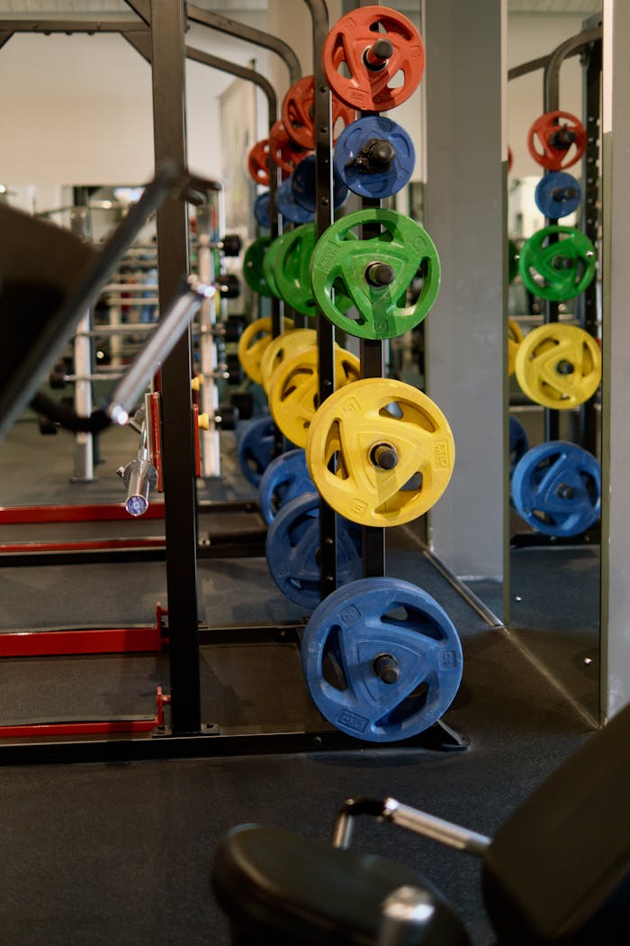 Vibrant colored weight plates stacked in a modern gym setting.